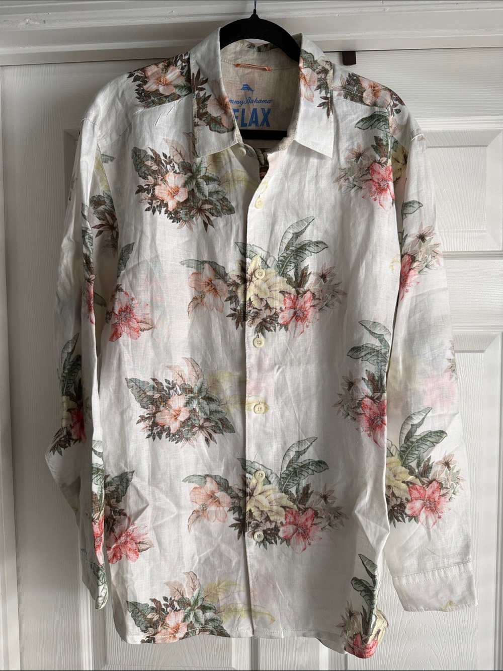 Tommy Bahama White Floral Linen Shirt Jacket with Pink & Green Blooms
